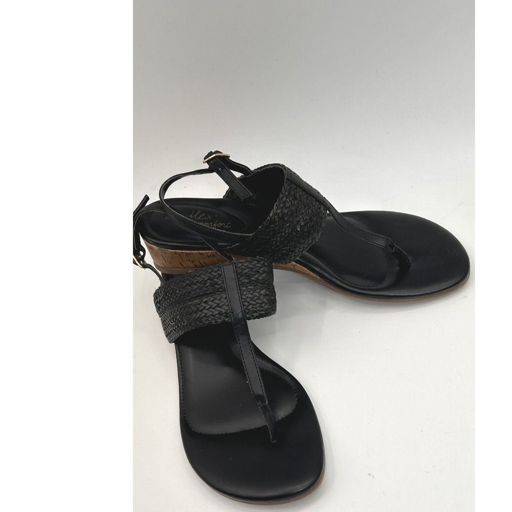 Dexflex Comfort Black Woven Cork Wedge Thong Sandals Women's Size 8 Coastal